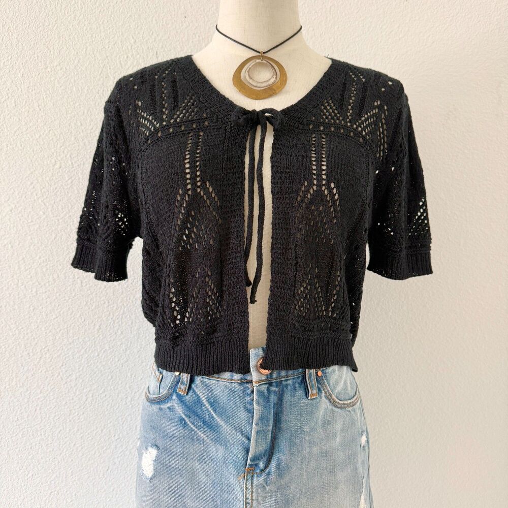 Cropped Knit Black Cardigan Short Sleeve Front-Tie Detail Whimsygoth Fairy Sz M